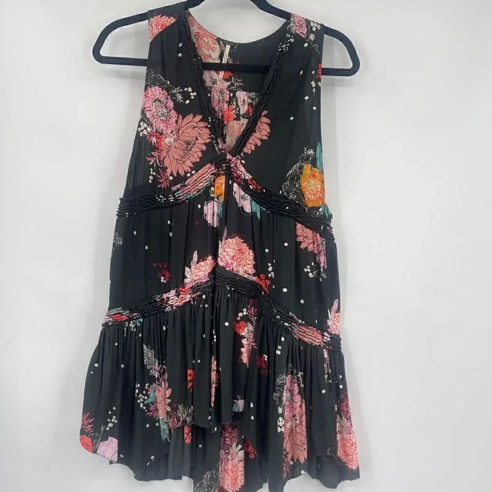 Free People Women's Black Haze Multicolored Floral Tunic Mini Dress Size XS